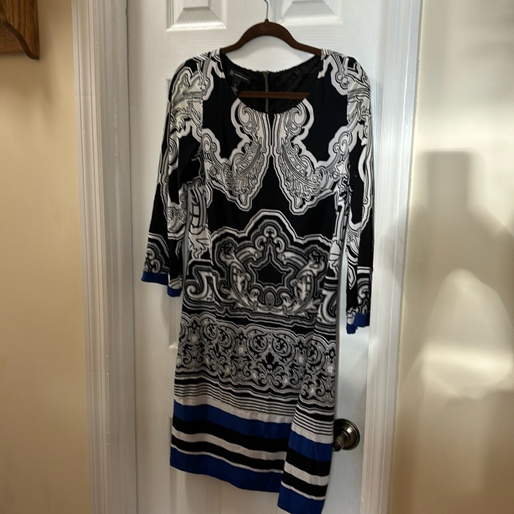 Inc. 3/4 slv black white geo dress blue trim medium zipper back crystal accent